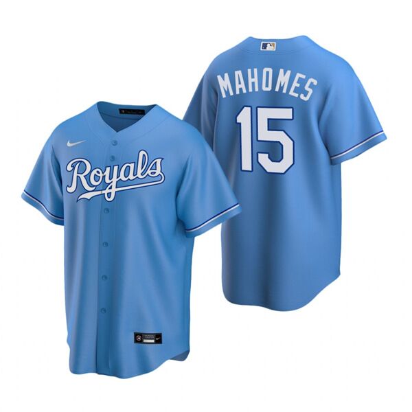 Men's Kansas City Royals #15 Patrick Mahomes Light Blue Cool Base Stitched Jersey